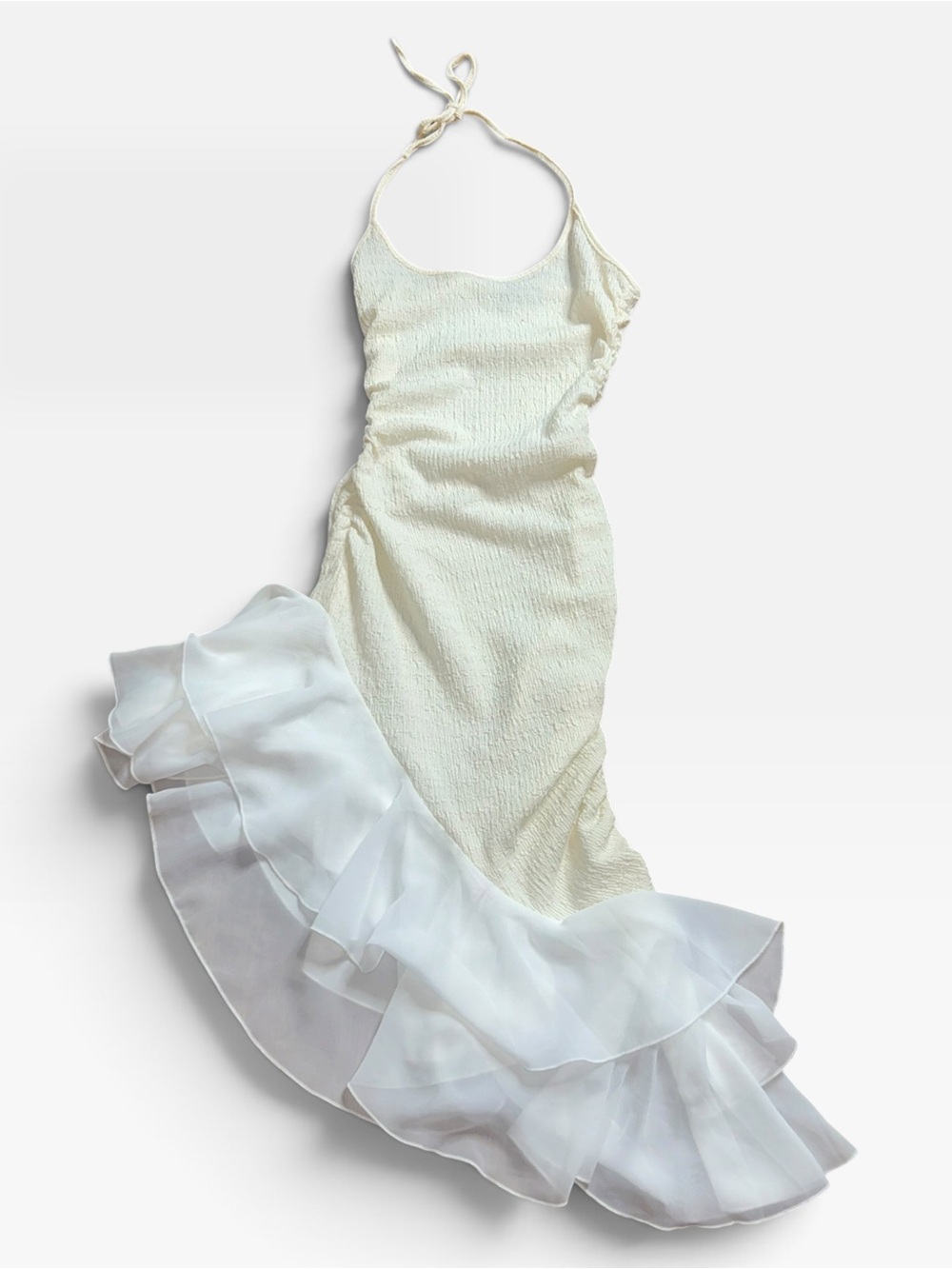 White Fox Boutique Ruffle Halter Dress & Shein Crochet Cardigan Set Cream - Picture 2 of 8